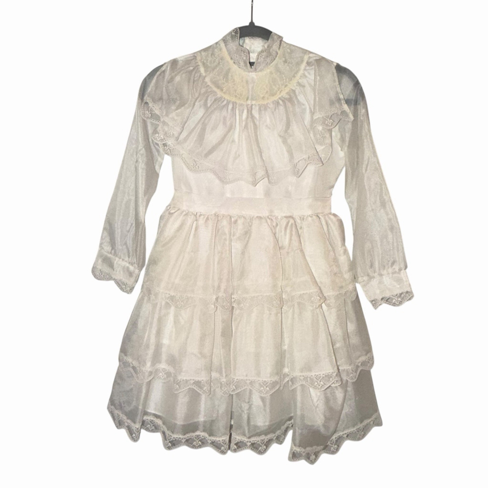 Vtg ILGWU USA Made Girls Ivory Dress Ruffle Lace Girl Communion Size 6-7 READ